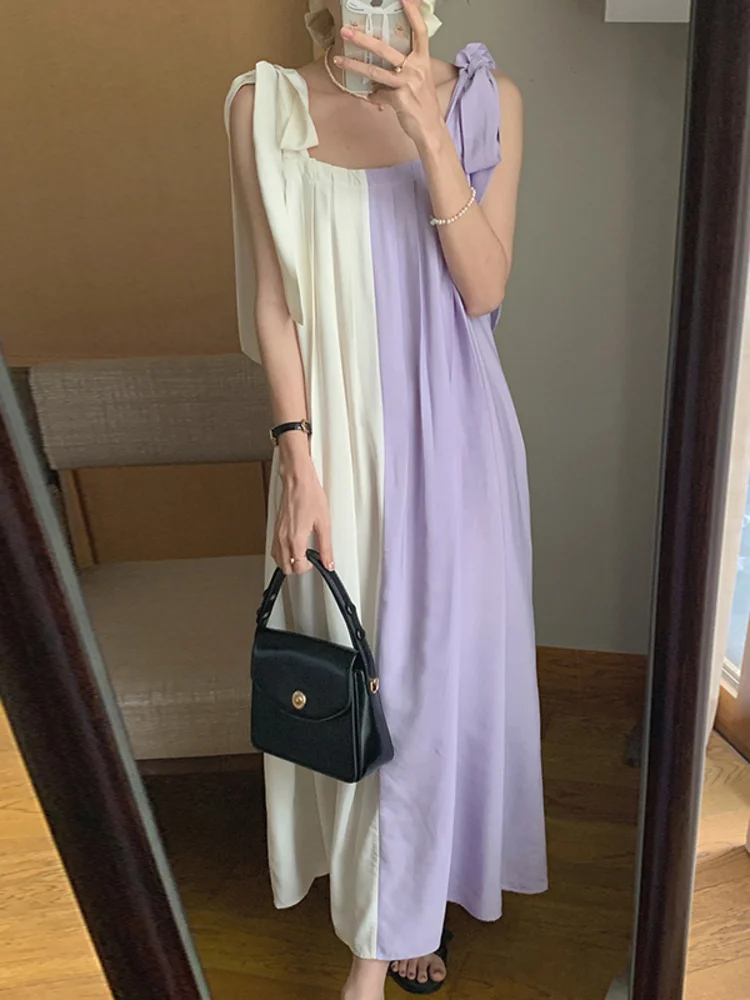 Женское плиссированное платье на бретельках, свободные платья контрастных цветов в стиле пэчворк с квадратным вырезом, Новинка лета 2023, платье без рукавов Y082 
Женское плиссированное платье на бретельках, свободные платья контрастных цветов в стиле пэчворк с квадратным вырезом, Новинка лета 2023, платье без рукавов Y082