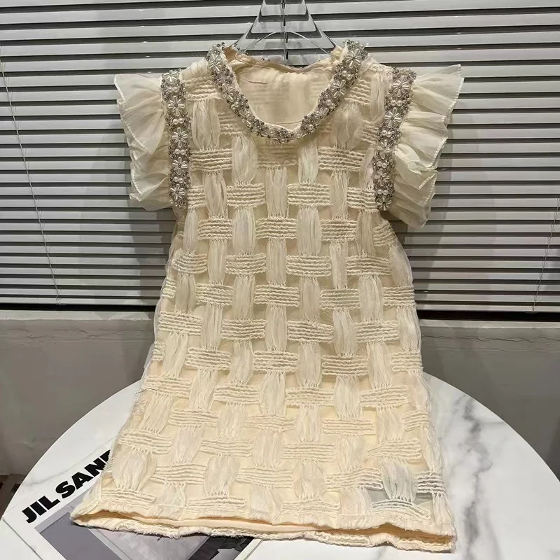 

Женское платье с круглым вырезом, Роскошное дизайнерское свободное платье-мини из французской сетчатой ткани, расшитое бисером, с круглым вырезом и летним рукавом