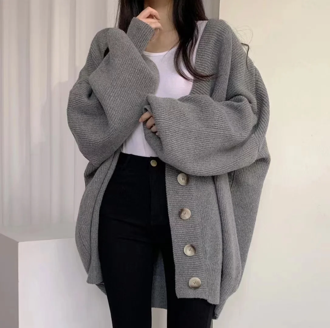 

WTIANYUW Korean Loose Knitted Cardigan Female V Neck Single Breasted Loose Lantern Sleeve Sweater Coat Women Oversized Sweater