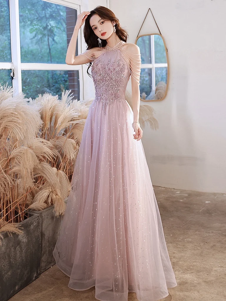 Elegant Pink Evening Dresses Halter Neck Sequins Beading Tassel Sleeve A Line Exquisite Floor Length Wedding Banquet Prom Gowns
Elegant Pink Evening Dresses Halter Neck Sequins Beading Tassel Sleeve A Line Exquisite Floor Length Wedding Banquet Prom Gowns
