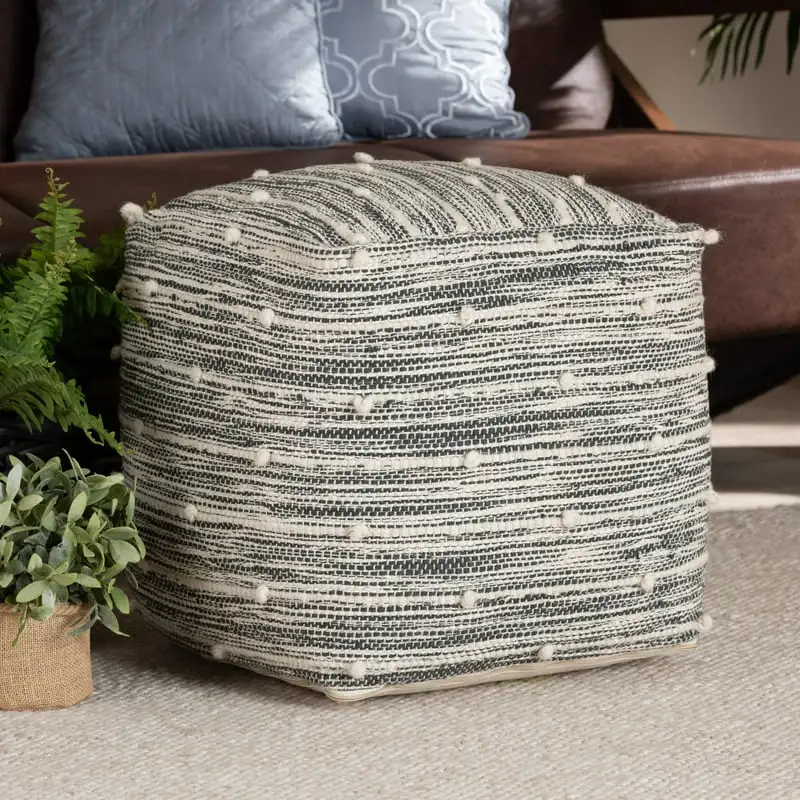 

Modern and Contemporary Moroccan Inspired Dark Grey and Ivory Handwoven Cotton Blend Pouf Ottoman