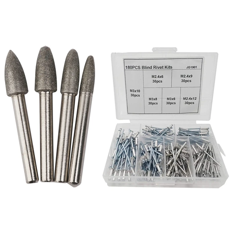 Retail 4Pcs Diamond Rod 6 Mm Coating Grinding Burrs Bits 6 / 8 / 10 / 10 Mm & 180Pcs Nail Decoration Aluminium Blind Rivet Kits
Retail 4Pcs Diamond Rod 6 Mm Coating Grinding Burrs Bits 6 / 8 / 10 / 10 Mm & 180Pcs Nail Decoration Aluminium Blind Rivet Kits