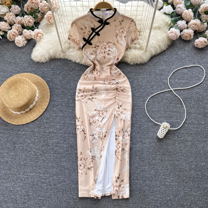 Chinese Style Gentle Slik Cheongsam Womens Summer Clothes Mid-Calf Buttons Dresses Floral Print Slit Bodycon Dress Dropshipping
Chinese Style Gentle Slik Cheongsam Womens Summer Clothes Mid-Calf Buttons Dresses Floral Print Slit Bodycon Dress Dropshipping