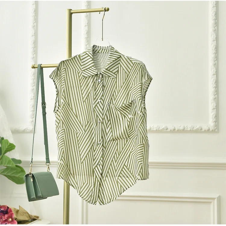 Mulberry Silk Top Women's Green Striped Knot Loose Short-Sleeved Casual Shirt 2022 Summer New
Mulberry Silk Top Women's Green Striped Knot Loose Short-Sleeved Casual Shirt 2022 Summer New