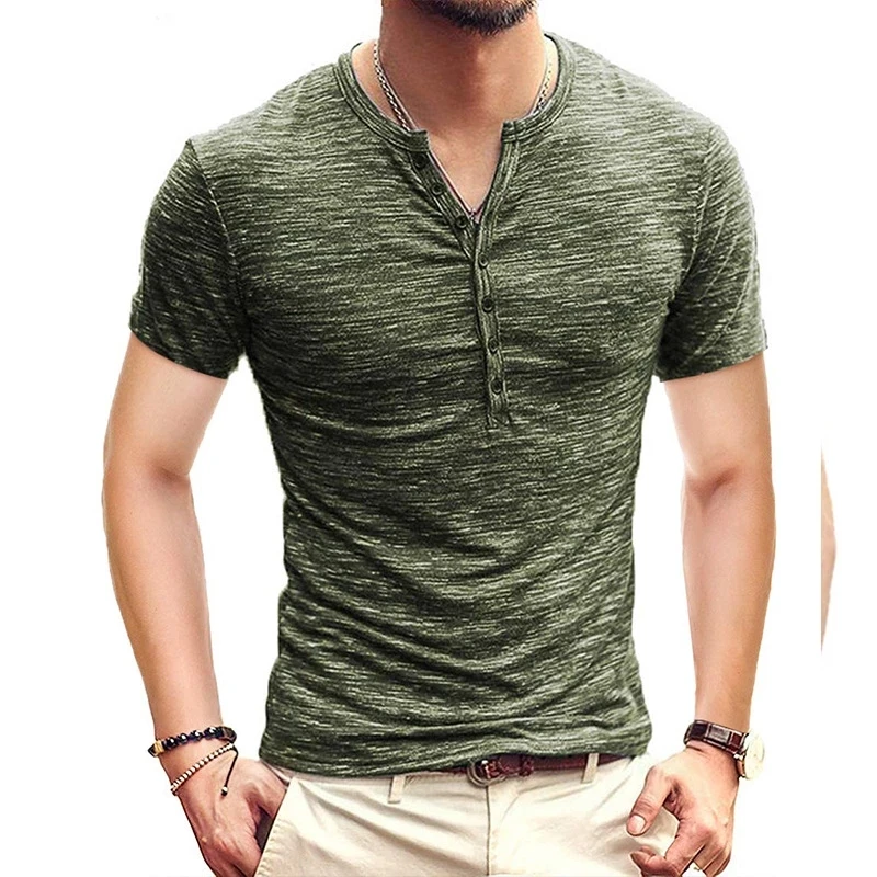 

B8642 Men Henley T Shirt Short Sleeve Stylish Slim Fit T-shirt Button Up V Neck Casual Men Tshirts US Size