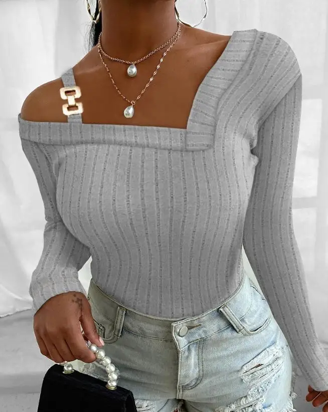 Fashion Woman Blouse 2023 Autumn New Fashion Casual Asymmetric Collar Cold Shoulder Buckled Ribbed Top Elegant Commuter
Fashion Woman Blouse 2023 Autumn New Fashion Casual Asymmetric Collar Cold Shoulder Buckled Ribbed Top Elegant Commuter
