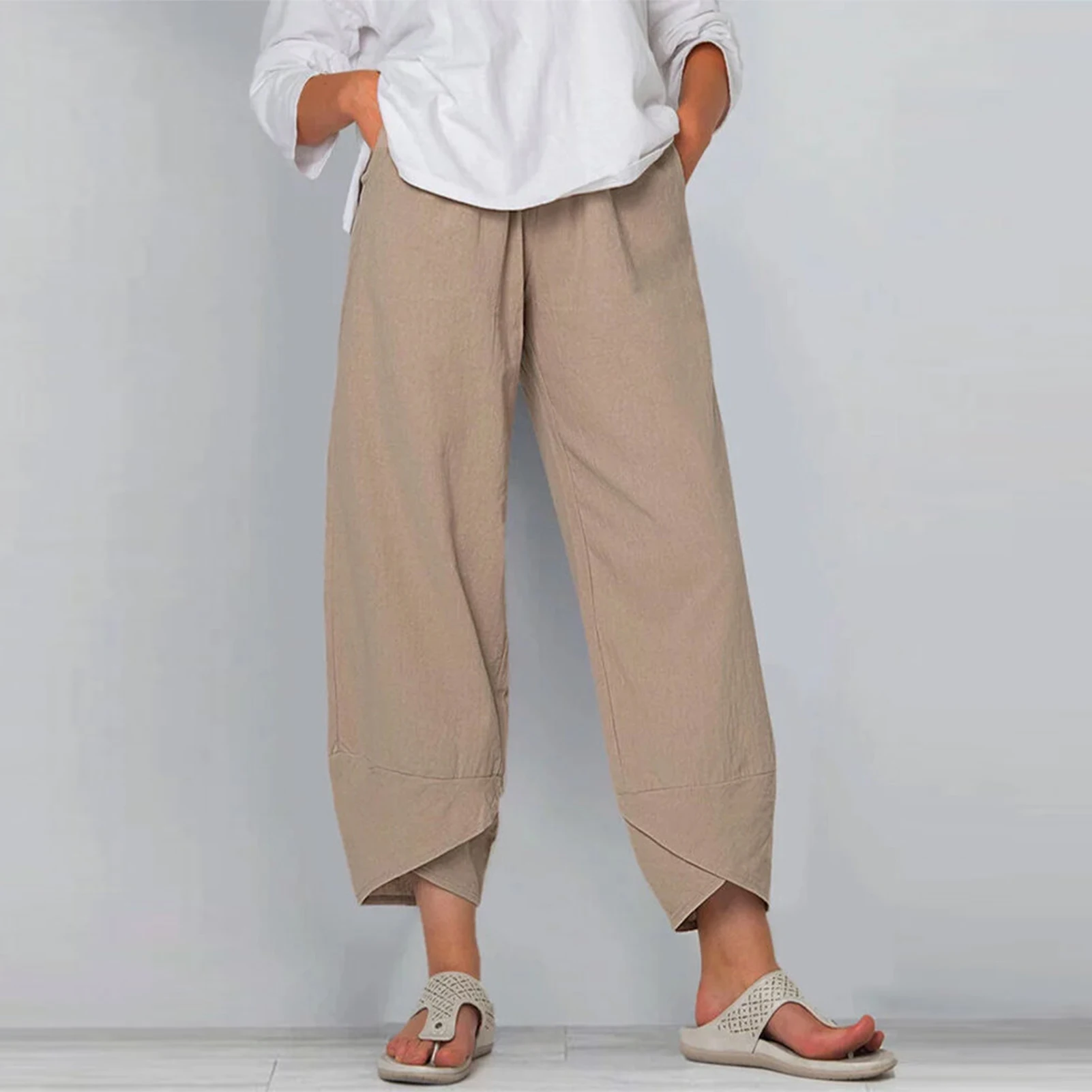 

Женские брюки для отдыха с карманами, свободные льняные хлопковые брюки с широкими штанинами в стиле бохо, офисный костюм большого размера с эластичным поясом для работы