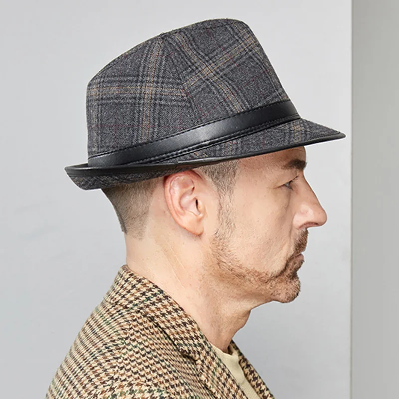 

Hat Men Panama Winter Genuine Leather Blet Woolen Gentleman Jazz Fedora Caps Male Plaid Top Hat Casual British Retro Sombrero