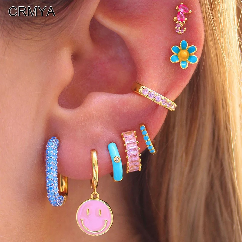 

CRMYA Gold Filled Earrings Set for Women Color Enamel and CZ Zircon Hoop Stud Smile Dangle Earrings 2022 Party Jewelry Wholesale