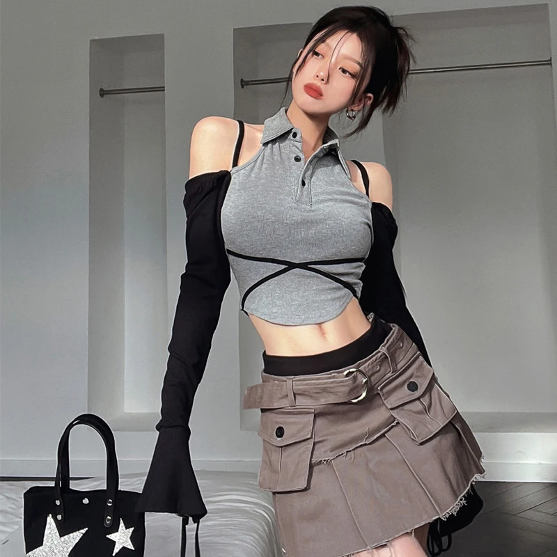 Black Gray Patchwork Polo Shirts American Vintage Bandage T Shirt Women Fashion Slim Off Shoulder Long Sleeve Crop Tops 2022 New
Black Gray Patchwork Polo Shirts American Vintage Bandage T Shirt Women Fashion Slim Off Shoulder Long Sleeve Crop Tops 2022 New