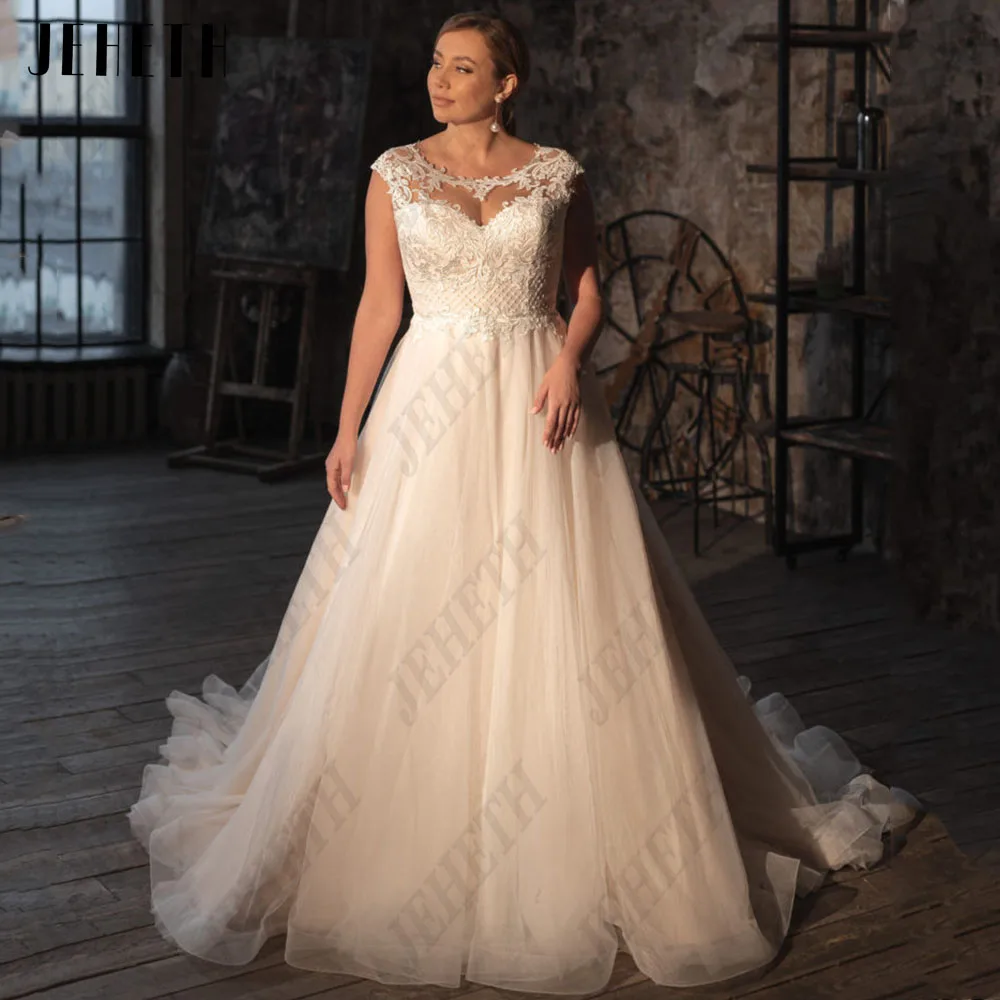 

JEHETH Light Champagne Wedding Dress Plus Size Cap Sleeves Lace Applique Bridal Gowns Modern O-Neck A-Line vestidos de novia