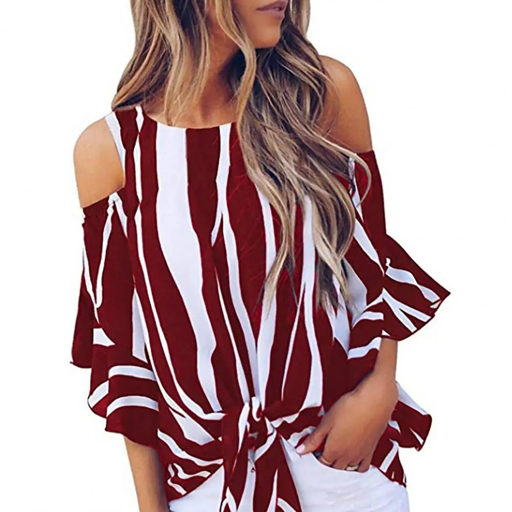 Loose Women Blouse Bowknot Shirt Three Quarter Sleeve Flare Sleeve Striped Off Shoulder Tops
Loose Women Blouse Bowknot Shirt Three Quarter Sleeve Flare Sleeve Striped Off Shoulder Tops