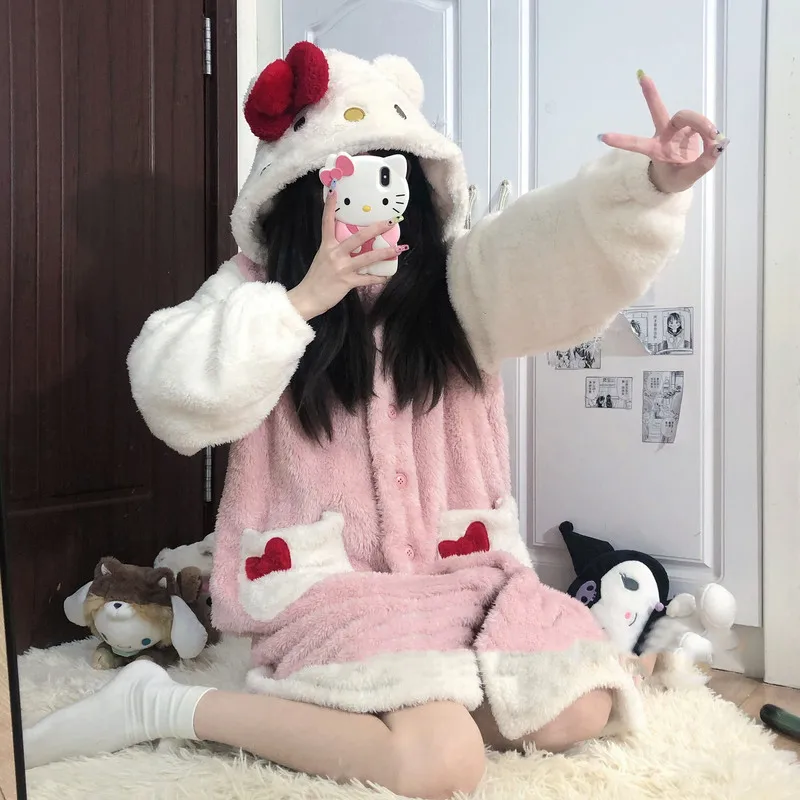 

Hello Kitty Kawaii Sanrios Cute Bow Furry Nightgown Winter New Sweet Girl Cute Long Pajamas Anime Plush Loungewear Children Gift