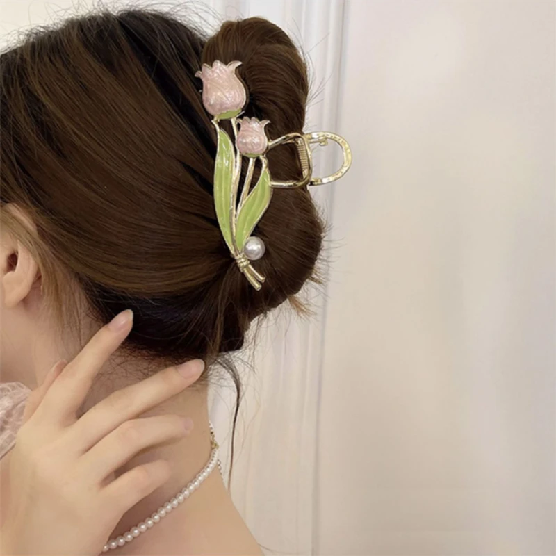 

New Tulip Metal Pearl Korean Version of The Grab Clip Female Styling Ponytail Braid Hair Claw Decorative Shark Clip Headdress