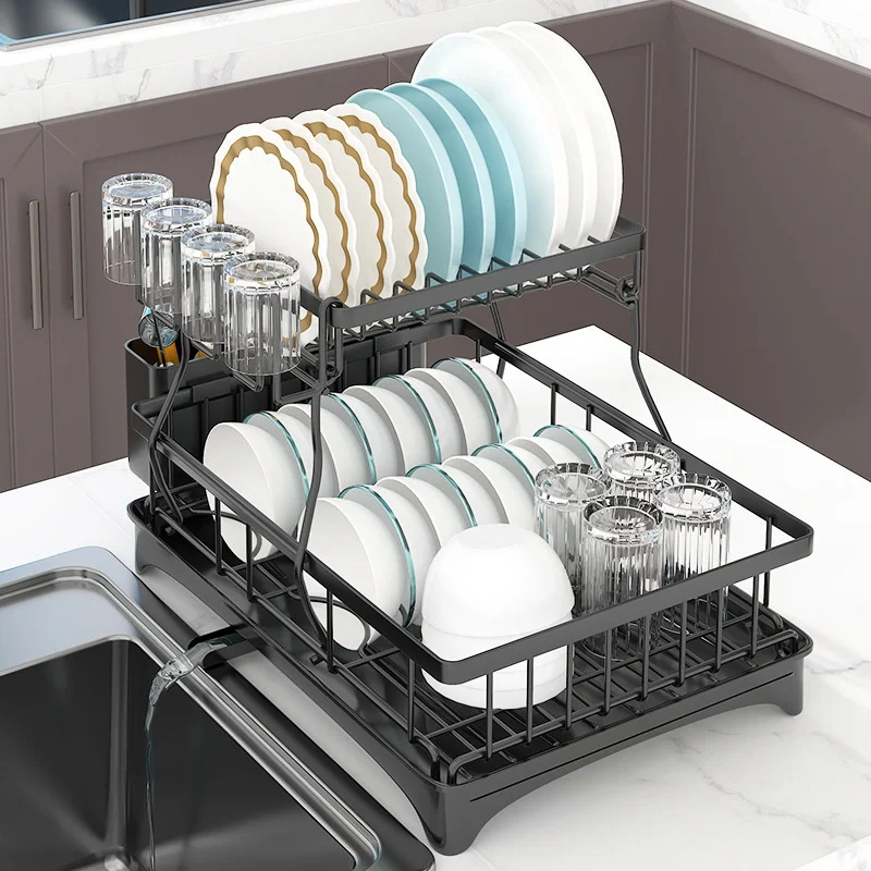 

Kitchen disassembling dish storage rack Table top Cups and chopsticks sorting rack Iron double-layer draining dish storage rack