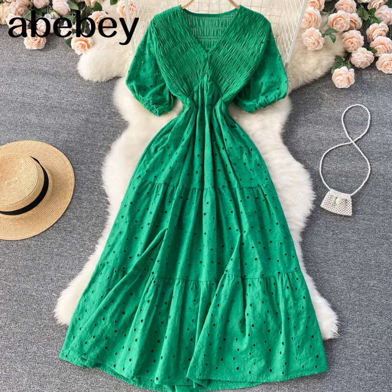Korean Chic Fashion Hollow Dress Vintage Puff Sleeve V Neck Solid A-line Dresses Summer Casual Vacation Midi Sundress
Korean Chic Fashion Hollow Dress Vintage Puff Sleeve V Neck Solid A-line Dresses Summer Casual Vacation Midi Sundress