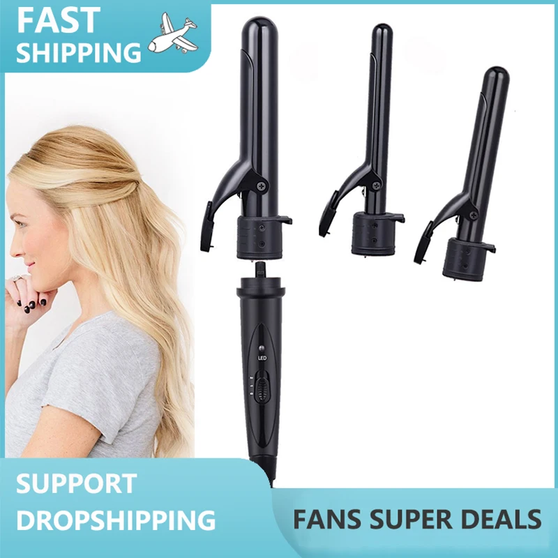 

In 1 Curling Iron Wand Tongs Set With LCD Display Dual Voltage 3 Interchangeable Ceramic Barrels Hair Curler