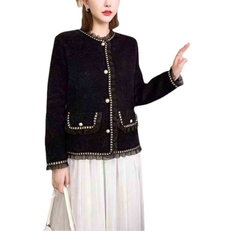 2022 Autumn and Winter New Small Fragrant Style Imitation Mink Short Coat Female Lace Mink Wool Knitted Cardigan Outer Top 
2022 Autumn and Winter New Small Fragrant Style Imitation Mink Short Coat Female Lace Mink Wool Knitted Cardigan Outer Top