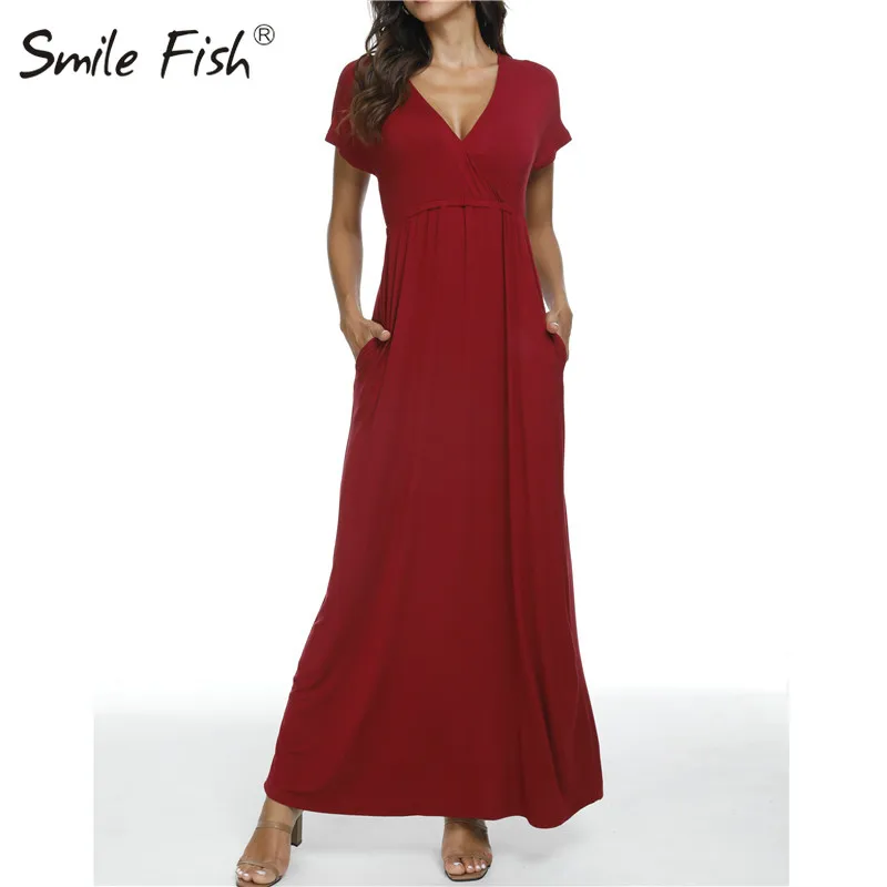 Женское длинное платье с круглым вырезом, коротким рукавом и карманами
Женское длинное платье с круглым вырезом, коротким рукавом и карманами