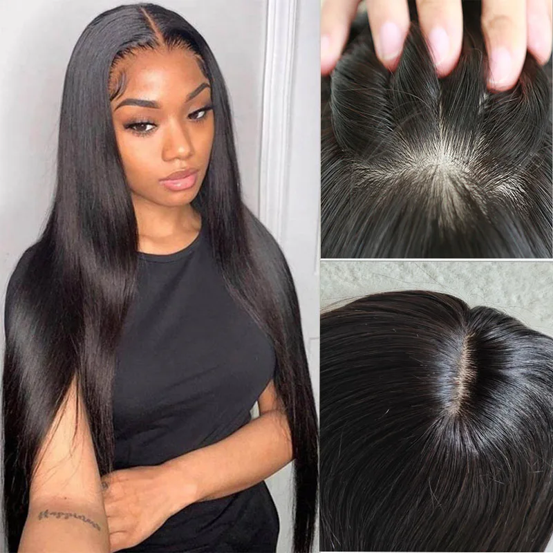 

22 inch Human Hair Topper Silk Skin Base Toupee With 2cm PU Around Virgin Hair Extension with Clips for Women