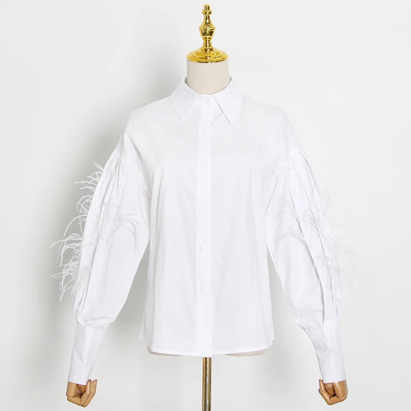 Casual Patchwork Feather Blouse For Women Lapel Lantern Sleeve White Solid Shirt Female Fashion New Clothing 2023
Casual Patchwork Feather Blouse For Women Lapel Lantern Sleeve White Solid Shirt Female Fashion New Clothing 2023