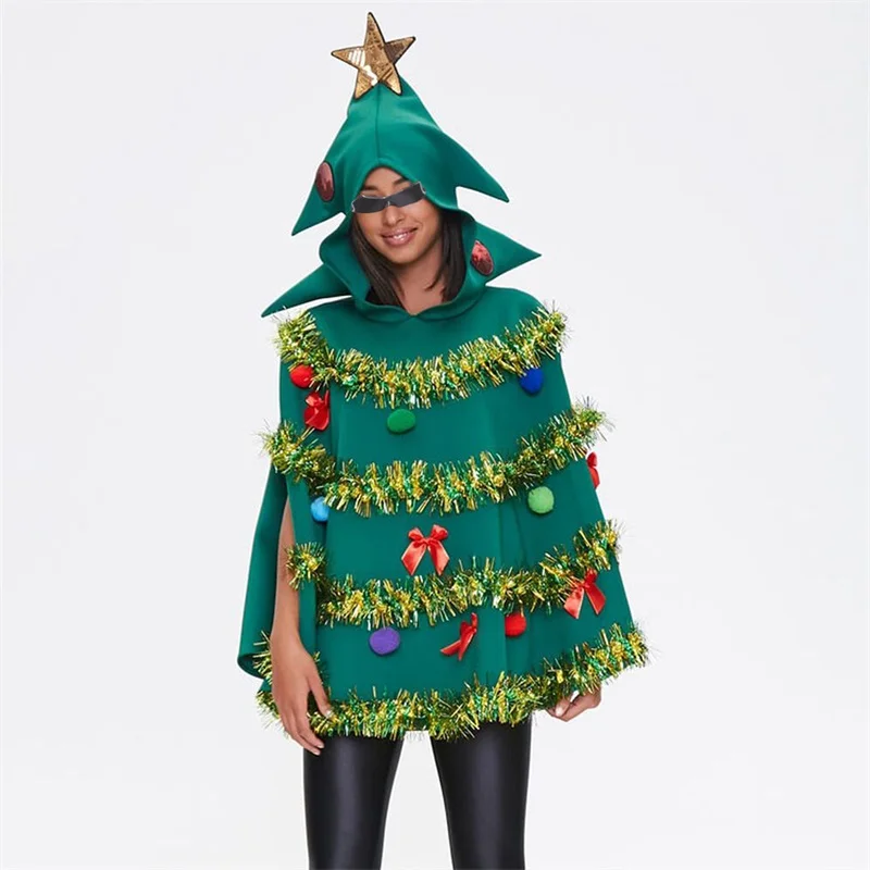 

Christmas Tree Cosplay Poncho Costume for Adults Bow Ball Decor Hooded Cloak Cape Party Prop for Cosplay New Year Party Costumes
