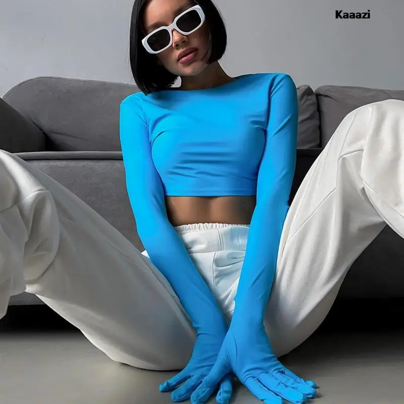 KAAAZI 2023 New Long Sleeve Glove T Shirt Slim Fit Summer Solid Color Round Neck Crop Top Fashion Streetwear For Women Tee
KAAAZI 2023 New Long Sleeve Glove T Shirt Slim Fit Summer Solid Color Round Neck Crop Top Fashion Streetwear For Women Tee