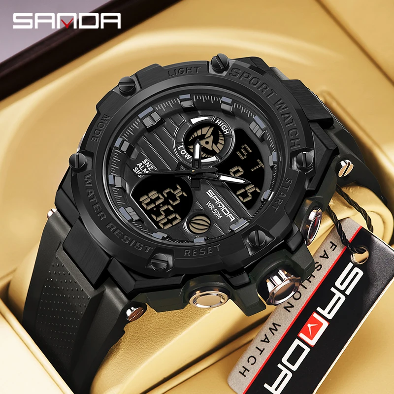 

New G style Mens Dual Display Electronic Quartz Watches Outdoor Sports SANDA 3196 50M Waterproof LED Digital Date Watch 2023
