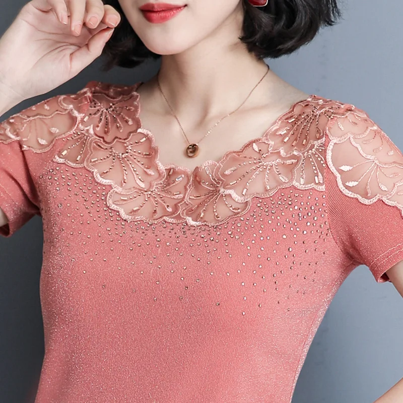 2020 summer new casual women's top bright silk hollow yarn mesh flower bright diamond short sleeve T-shirt, A-45
2020 summer new casual women's top bright silk hollow yarn mesh flower bright diamond short sleeve T-shirt, A-45