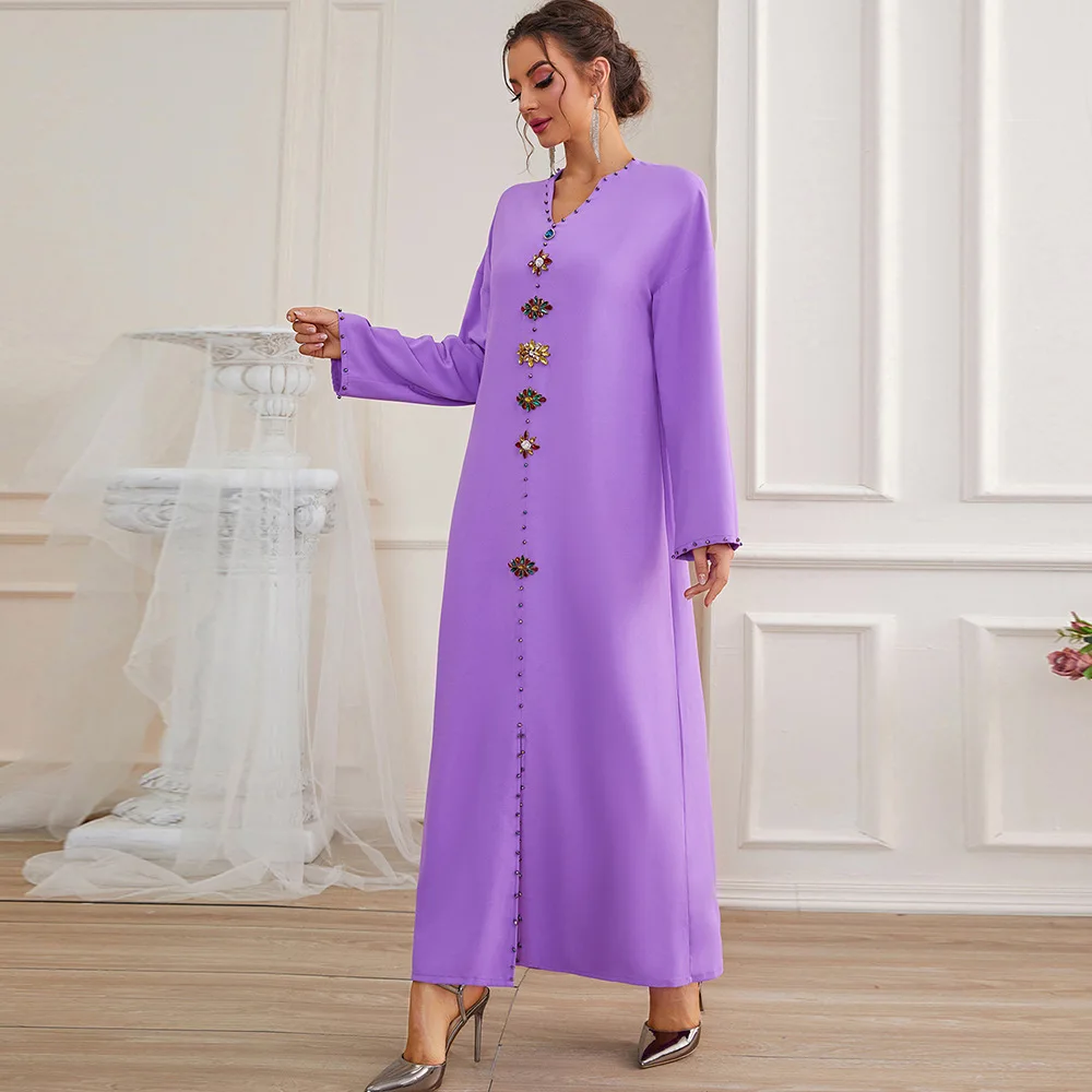 New Violet V-neck Muslim Women Dress Fashion Abayas Dubai Turkey Hand-sewn Diamond Slimming Long Skirt Kaftan Islamic Clothing
New Violet V-neck Muslim Women Dress Fashion Abayas Dubai Turkey Hand-sewn Diamond Slimming Long Skirt Kaftan Islamic Clothing