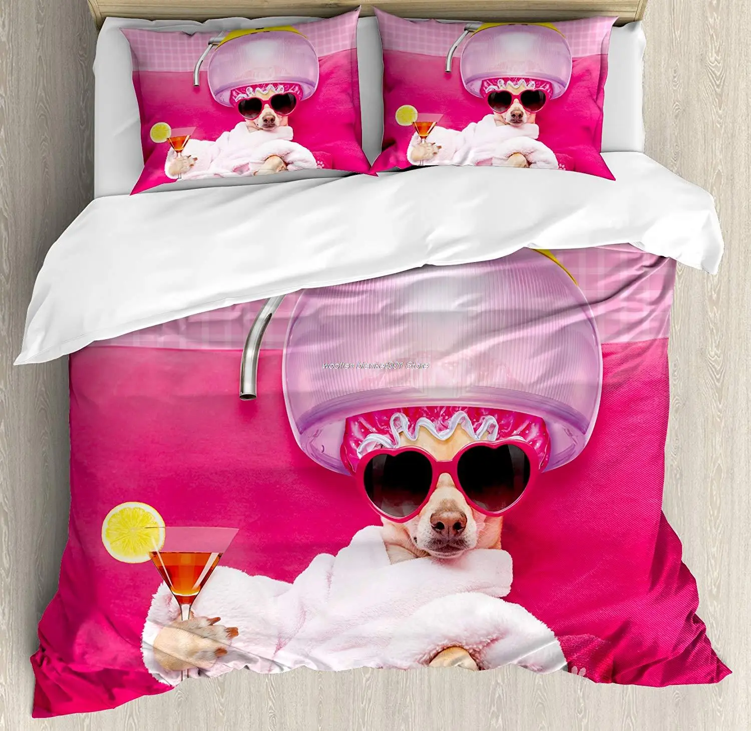 

Funny Duvet Cover Set King Size Chihuahua Dog Relaxing and Lying in Wellness Spa Fashion Puppy Comic Print Decorative 3 Piece