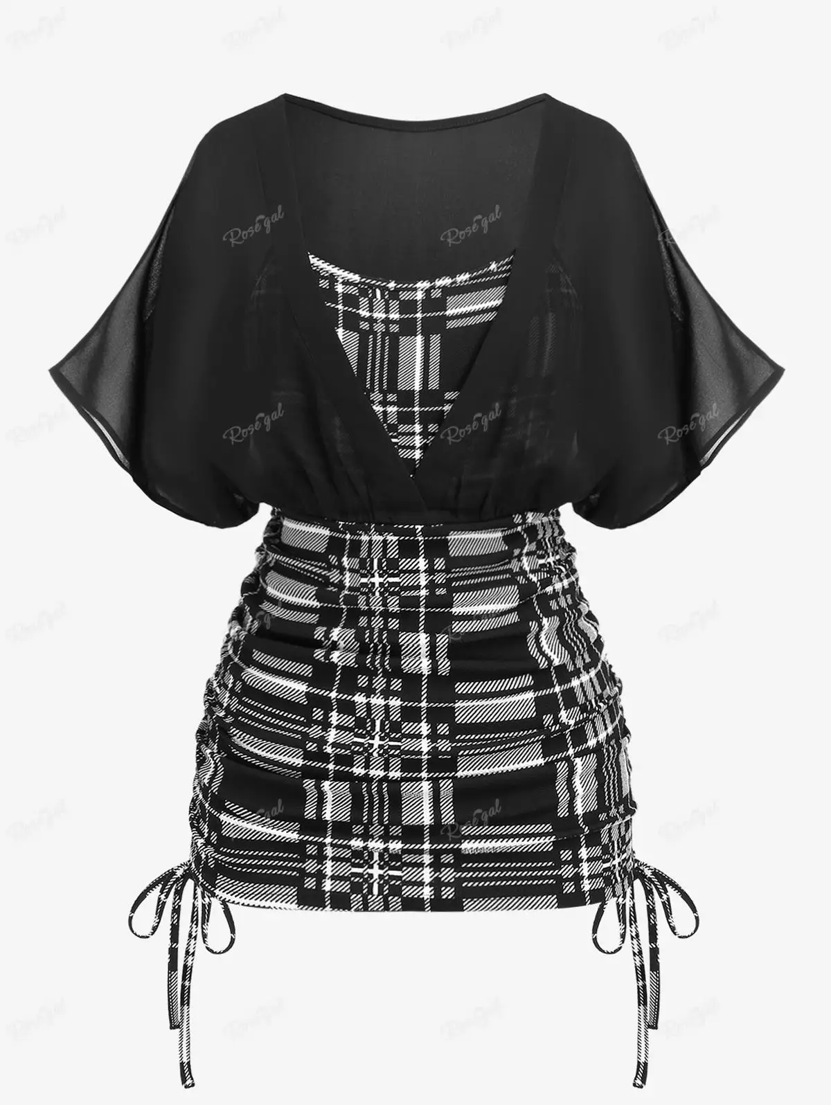 

ROSEGAL Plus Size Women's Tops Semi-sheer Batwing Sleeves Plaid Tee New Fashion Cinched Ruched Colorblock T-shirt