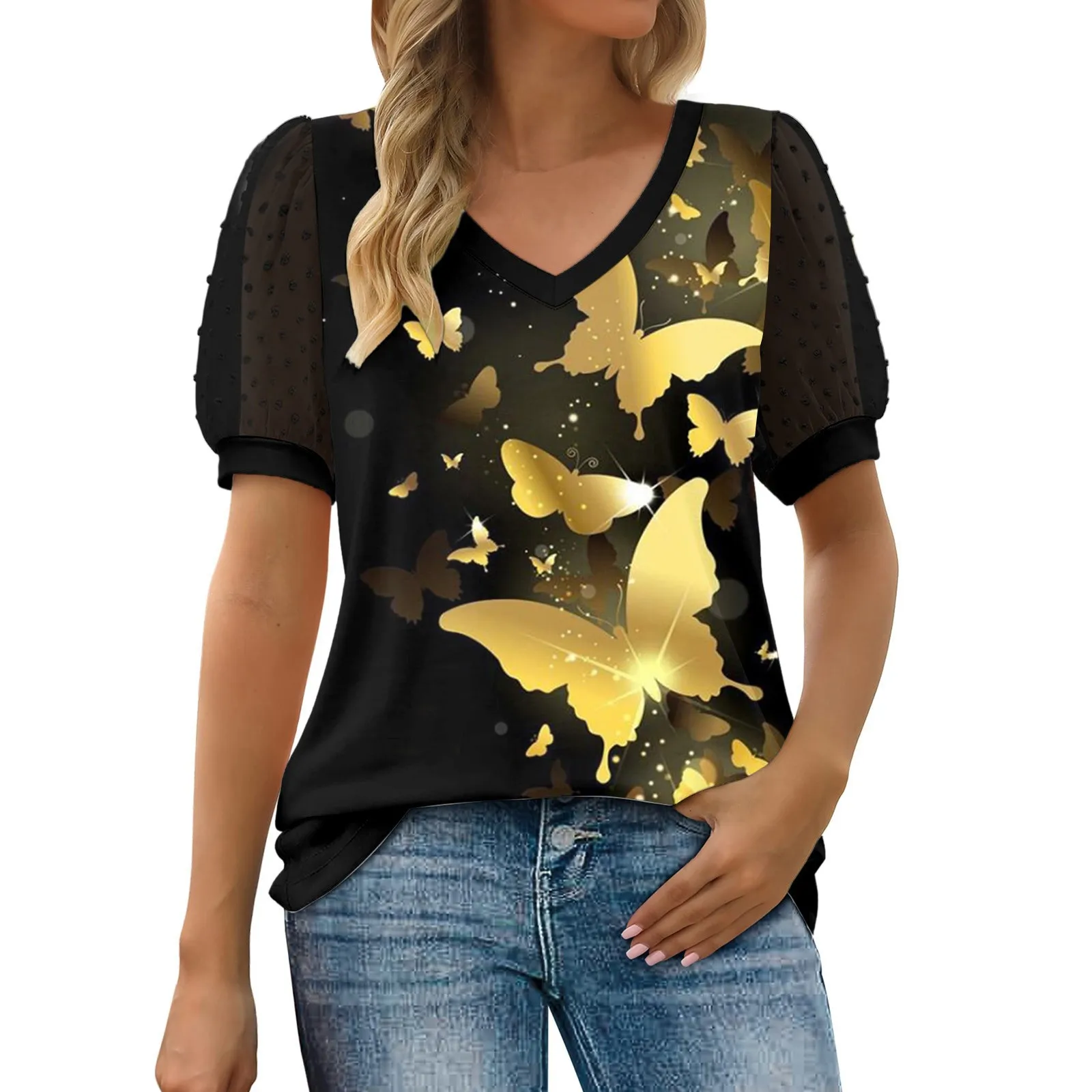 

Womens Butterfly Printed Shirt Summer Boho V Neck Chiffon Short Sleeve Camisas Polka Dot Mesh Blusas Mujer Elegantes Y Juveniles