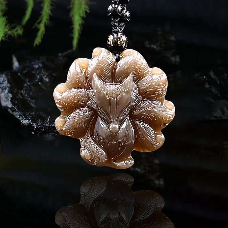 Brown Jade Nine Tailed Fox Pendant Charm Chinese Women Gemstone Jadeite Jewelry Fashion Gifts Carved Amulet Necklace Natural |
