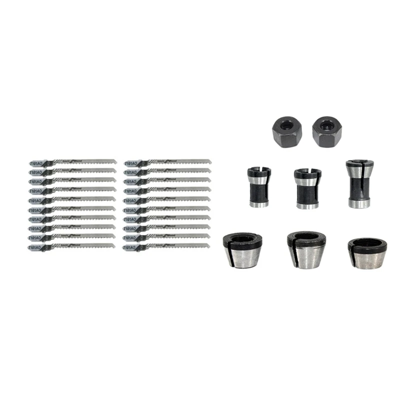 8 Pcs Router Collet Set Chuck Heads Adapter With 20Pcs Reciprocating Jigsaw Blade T101AO
8 Pcs Router Collet Set Chuck Heads Adapter With 20Pcs Reciprocating Jigsaw Blade T101AO