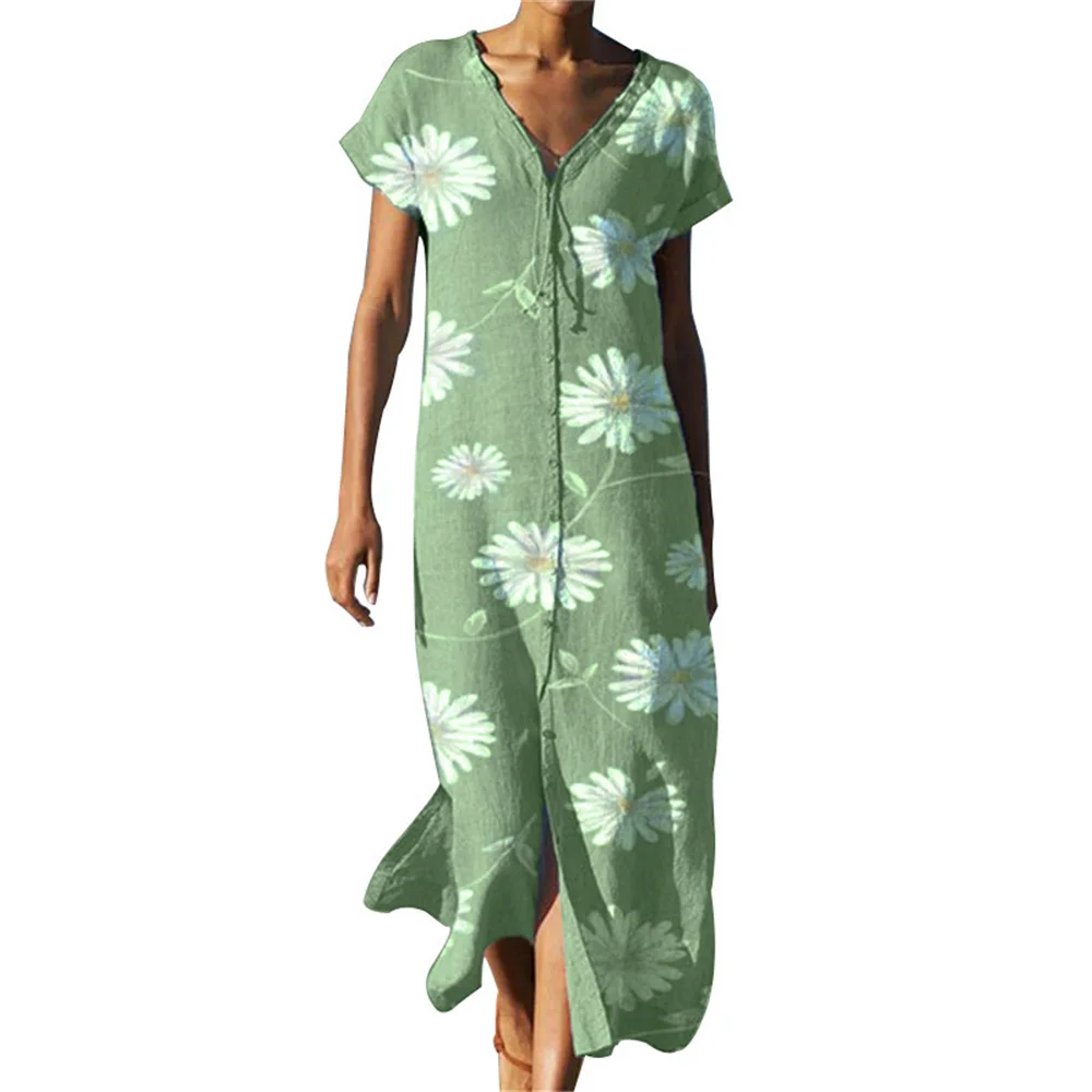 Summer Dress Women Single Breasted Print Slit V Neck Dress New Linen Cozy Long Dress Bohemia Vacation Beach Short Sleeve Dresses
Summer Dress Women Single Breasted Print Slit V Neck Dress New Linen Cozy Long Dress Bohemia Vacation Beach Short Sleeve Dresses