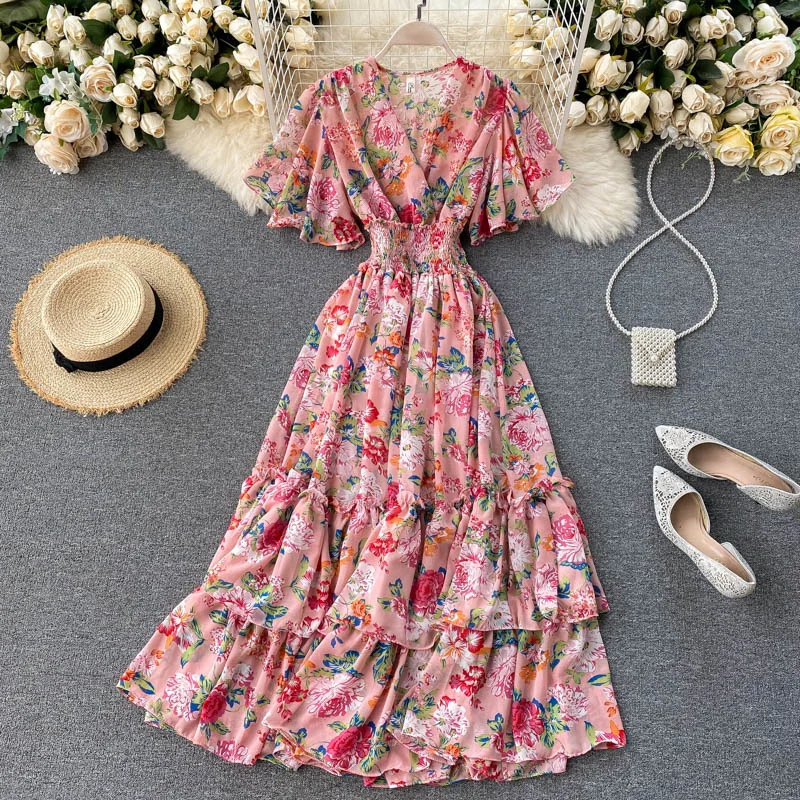 

Женское винтажное платье в стиле бохо, длинное платье с цветочным принтом, V-образным вырезом, эластичным поясом и оборками, элегантная пляжная туника для отдыха на лето