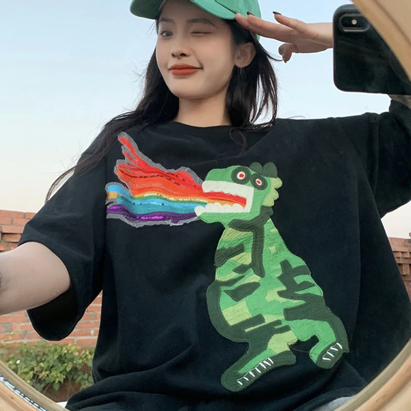 Summer New Oversized Cartoon Dinosaur Print T-Shirt Harajuku Casual All-match Pullover Men's Clothing Japan Style Simple Tops
Summer New Oversized Cartoon Dinosaur Print T-Shirt Harajuku Casual All-match Pullover Men's Clothing Japan Style Simple Tops