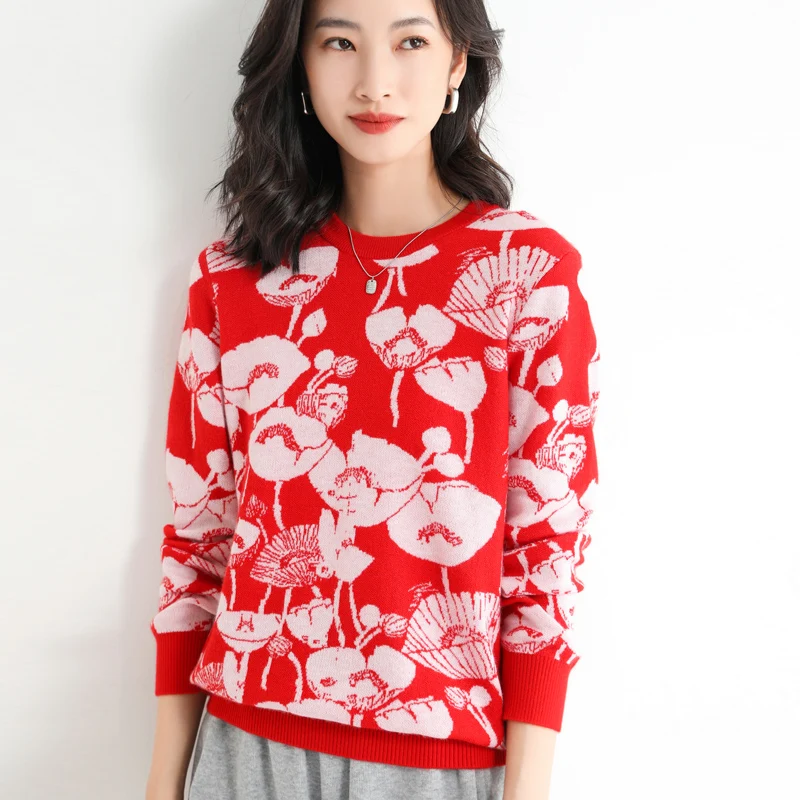 Autumn Winter Oversized Lotus Print Loose Casual Sweater Women Round Neck Elegant Knitting Pullover Fashion All-match Top
Autumn Winter Oversized Lotus Print Loose Casual Sweater Women Round Neck Elegant Knitting Pullover Fashion All-match Top