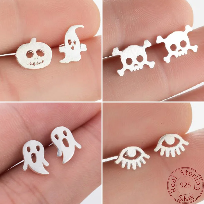 

SMJEL Trendy Halloween Earrings 925 Sterling Silver Pumpkin Ghost Skull Skeleton Stud Earrings for Women Gifts Asymmetrical Kids