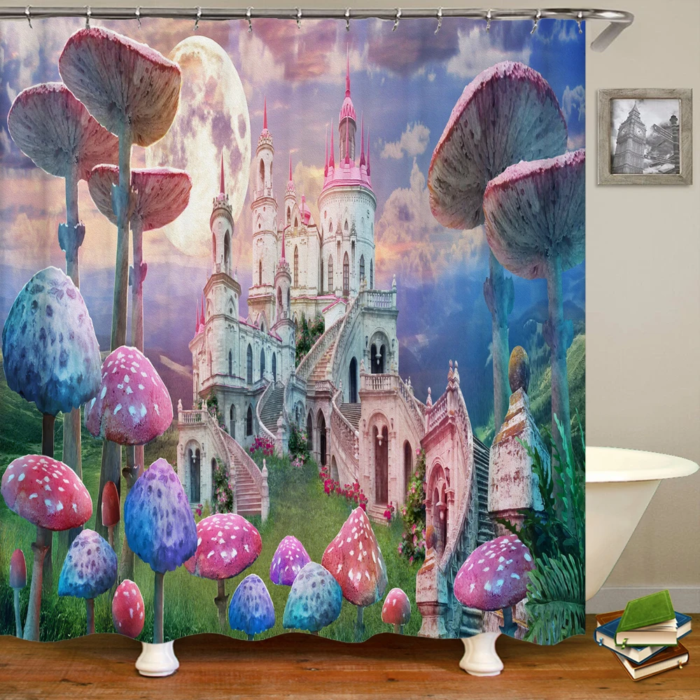 

Fantasy Forest Shower Curtain Polyester Fabric Fairy Tale Pink Mushroom Castle Full Moon Bath Curtains Home Bathroom Decor Sets