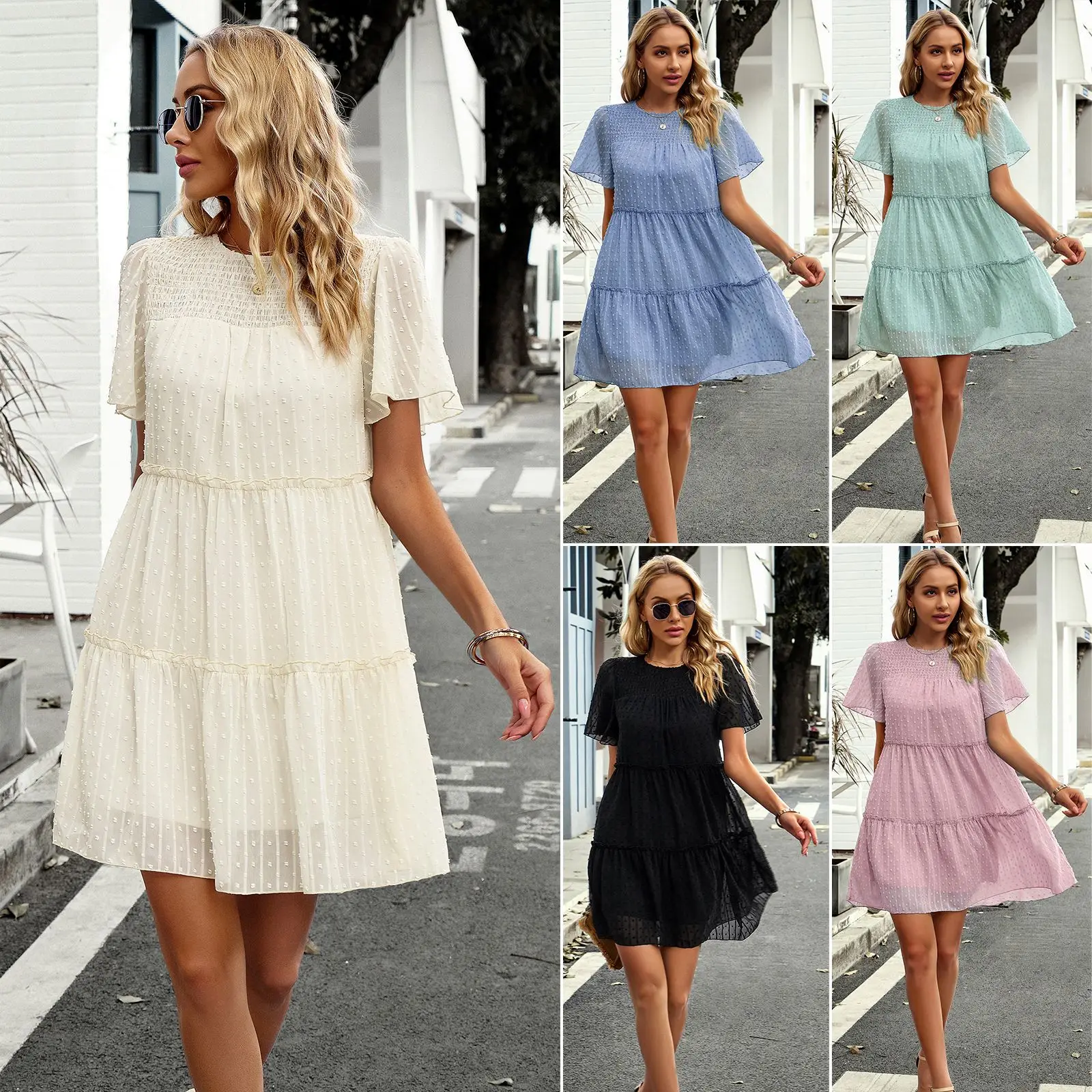 Women Summer Fashion O-neck Solid Color Gauze Fold Patchwork Temperament Elegant Casual Dresss Short Dresss
Women Summer Fashion O-neck Solid Color Gauze Fold Patchwork Temperament Elegant Casual Dresss Short Dresss