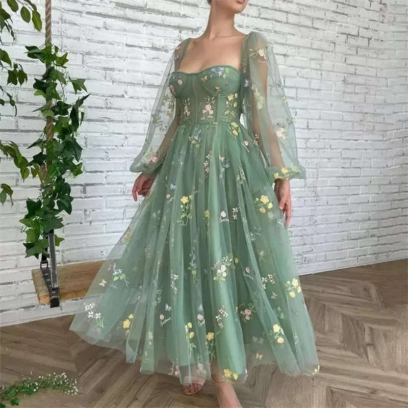 Fairy Flower Embroidery Tulle Beach Dress for Women Puffy Sleeve A-line Formal Evening Party Prom Gowns Tea Length
Fairy Flower Embroidery Tulle Beach Dress for Women Puffy Sleeve A-line Formal Evening Party Prom Gowns Tea Length