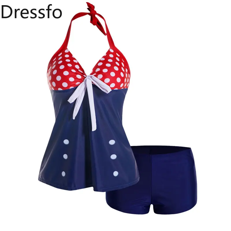 

Dressfo Polka Dots Print Colorblock Halter Tankini Swimsuit Padded Bowknot Tankini Two Piece Swimwear Boyleg Bathing Suit Women