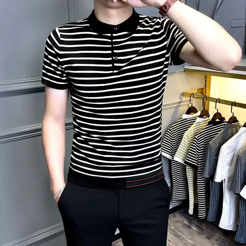 Summer Men's Short Sleeve Striped Slim Business Turn Down Collar Shirt Male Casual Formal Wear Knitted Polos Shirts
Summer Men's Short Sleeve Striped Slim Business Turn Down Collar Shirt Male Casual Formal Wear Knitted Polos Shirts