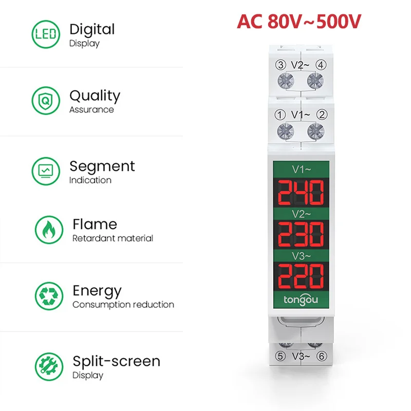 Din Rail Mount Three Phase Voltage Meter AC80-500V LED Digital Mini Modular Voltmeter Gauge Indicator Detector for Electrician
Din Rail Mount Three Phase Voltage Meter AC80-500V LED Digital Mini Modular Voltmeter Gauge Indicator Detector for Electrician