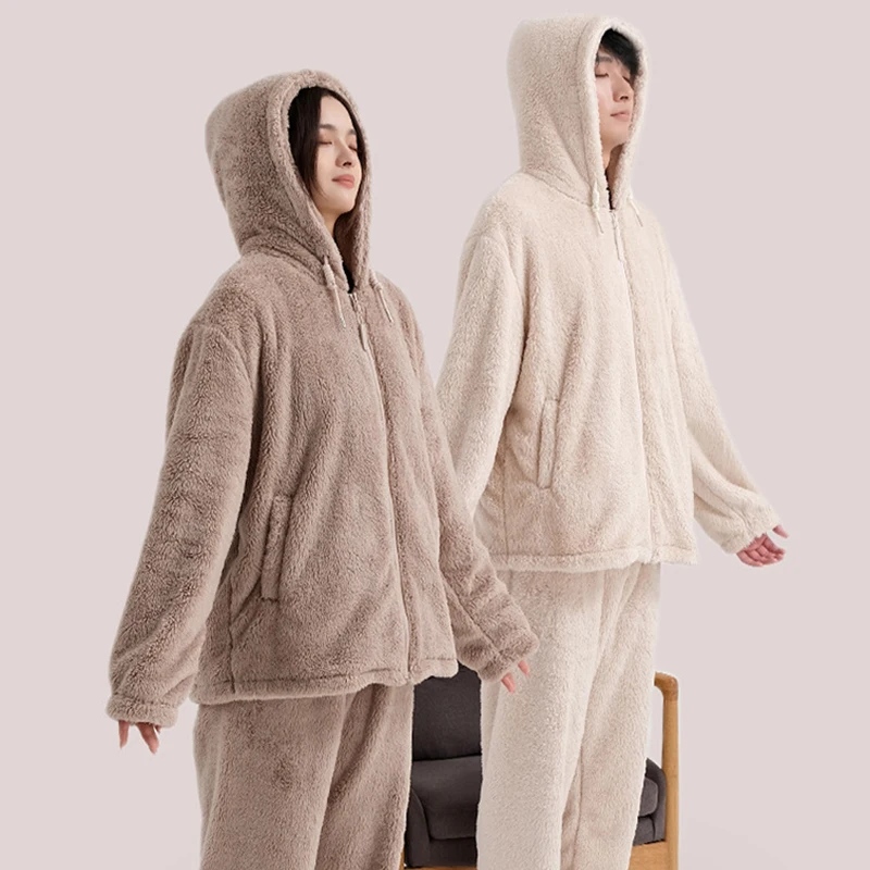 

Suit Autumn Couple Pajamas Zip Hooded Homewear Thickened Cloudy Fleece Padded Comfortable Can Be Worn Outside Warm Winter