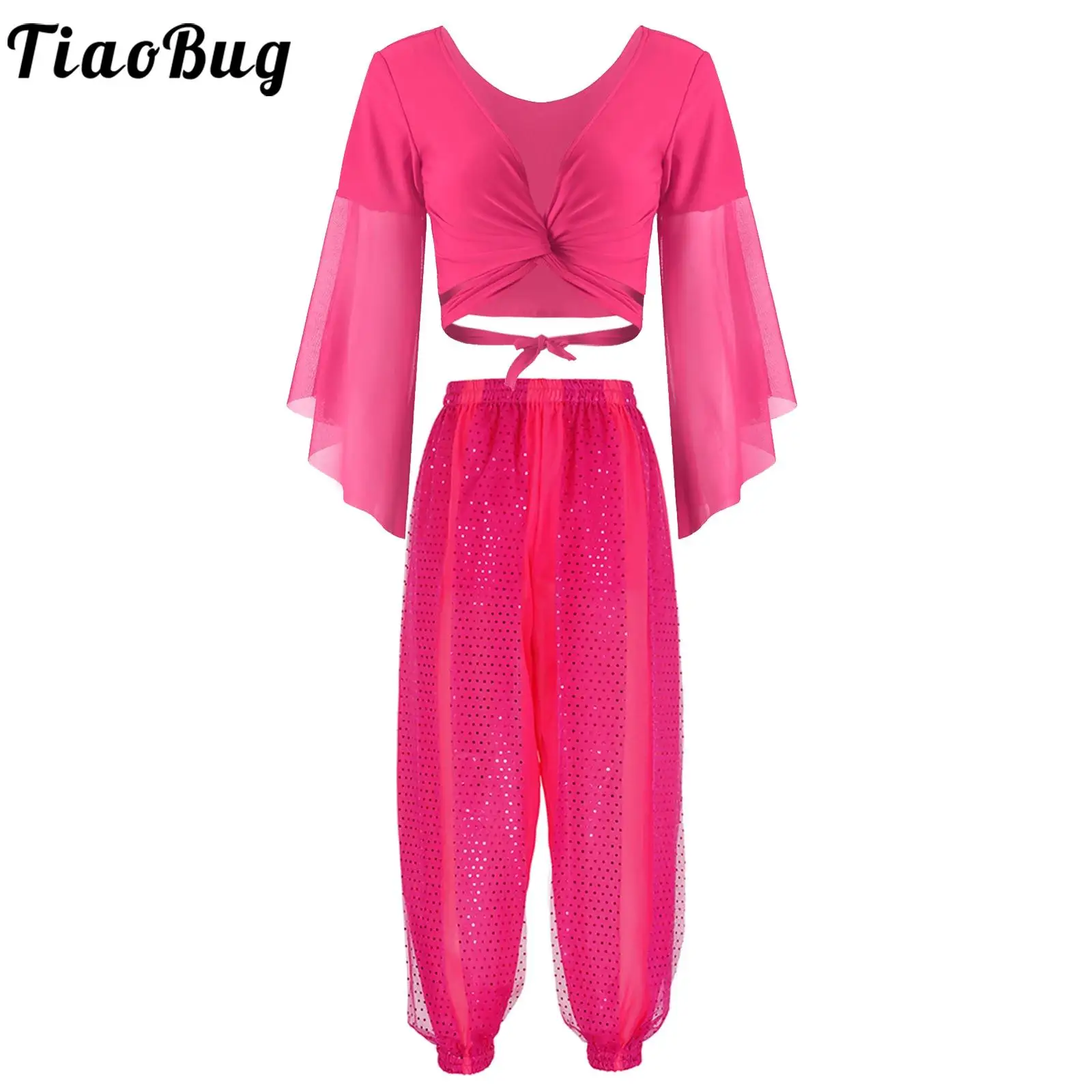Womens Belly Dance Stage Show Costume V Neck Lace-up 3/4 Tulle Flared Sleeve Crop Top with Sequined Dots Chiffon Pants Bloomers
Womens Belly Dance Stage Show Costume V Neck Lace-up 3/4 Tulle Flared Sleeve Crop Top with Sequined Dots Chiffon Pants Bloomers