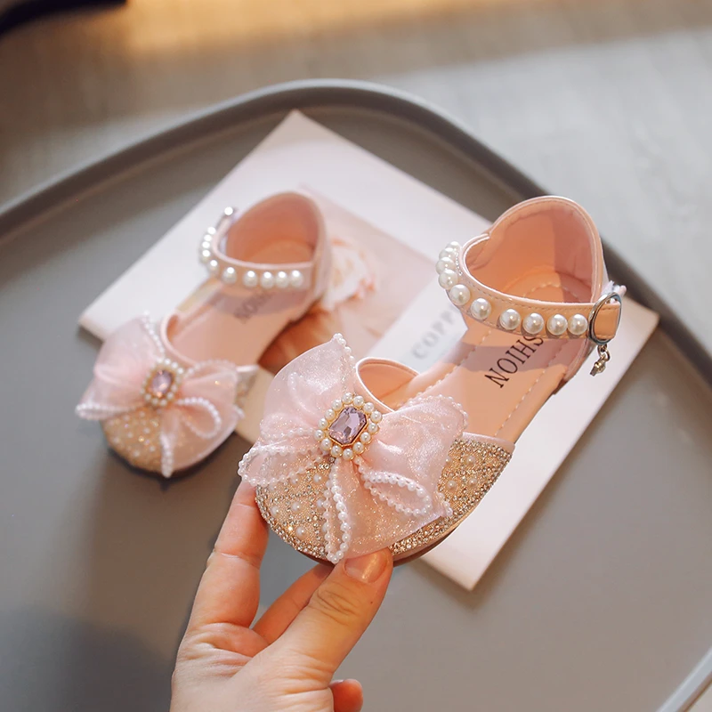 

Child Mary Janes for Party Wedding Girls Sandals Toes Wrapped Rhinestones Bow Pearls Casual Non-slip Chic Princess Kids Shoes
