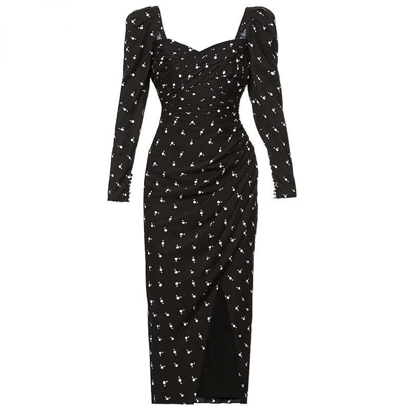 Dresses For Women 2023 Elegant High Quality Long sleeve vintage White dots Slim High slit Sheath dress Women new Spring summer
Dresses For Women 2023 Elegant High Quality Long sleeve vintage White dots Slim High slit Sheath dress Women new Spring summer